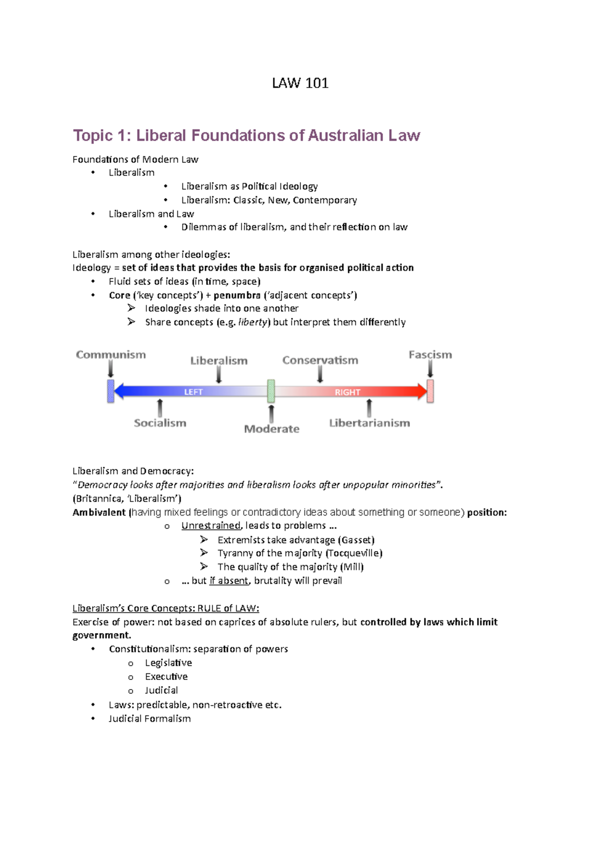 LAW101 Lecture Notes: Foundations of Liberalism and Rule of Law - Studocu