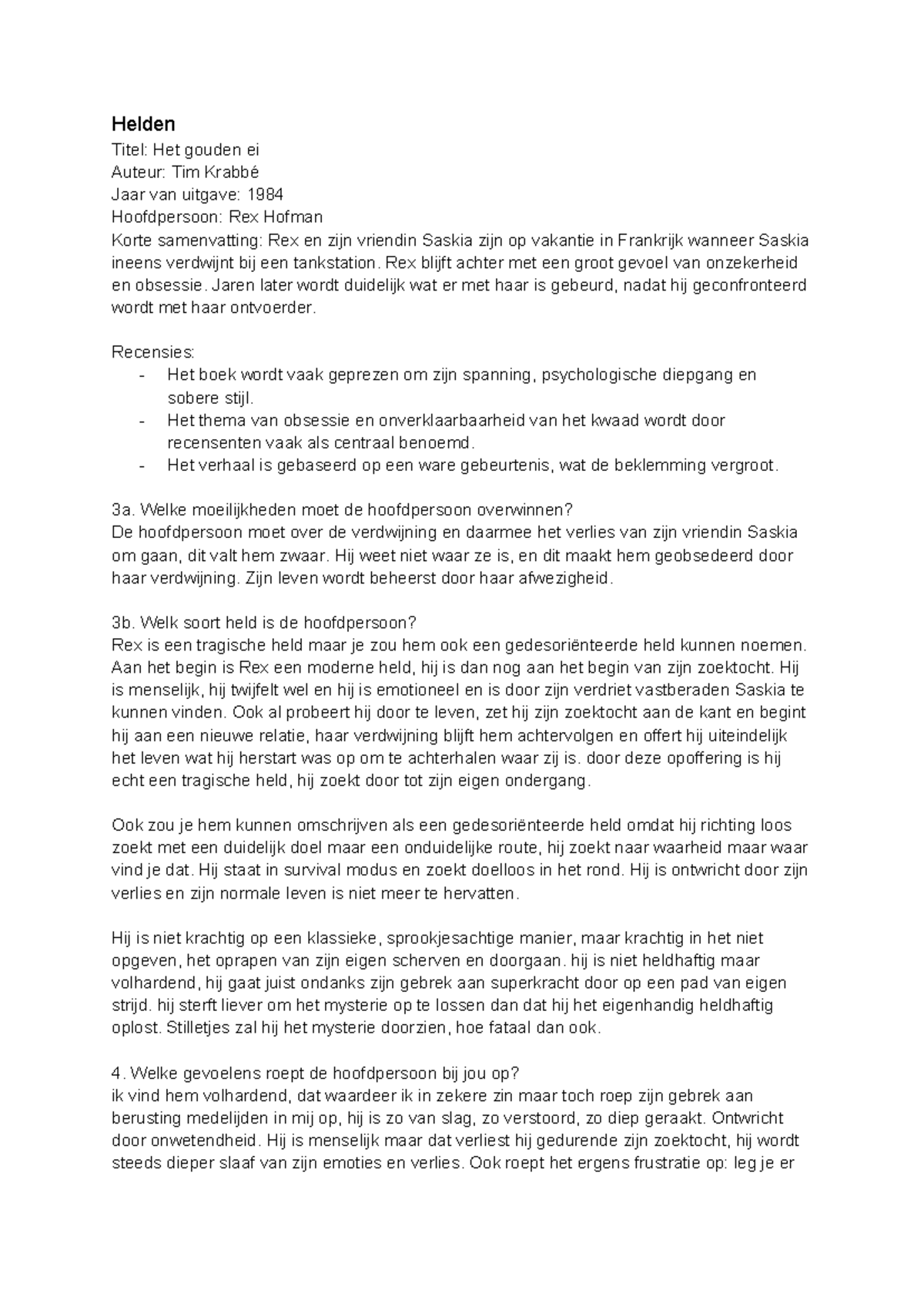 NE Het Gouden Ei: Boekverslag over Rex Hofman als Held - Studeersnel