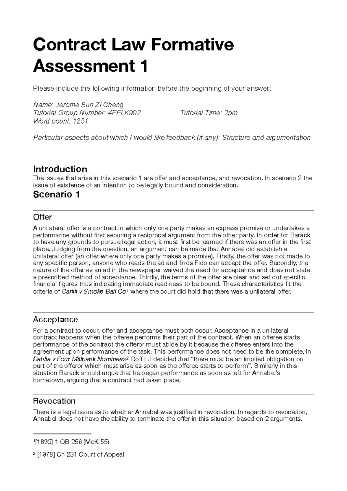 Contract Law Formative Assessment 1 - KCL - Studocu