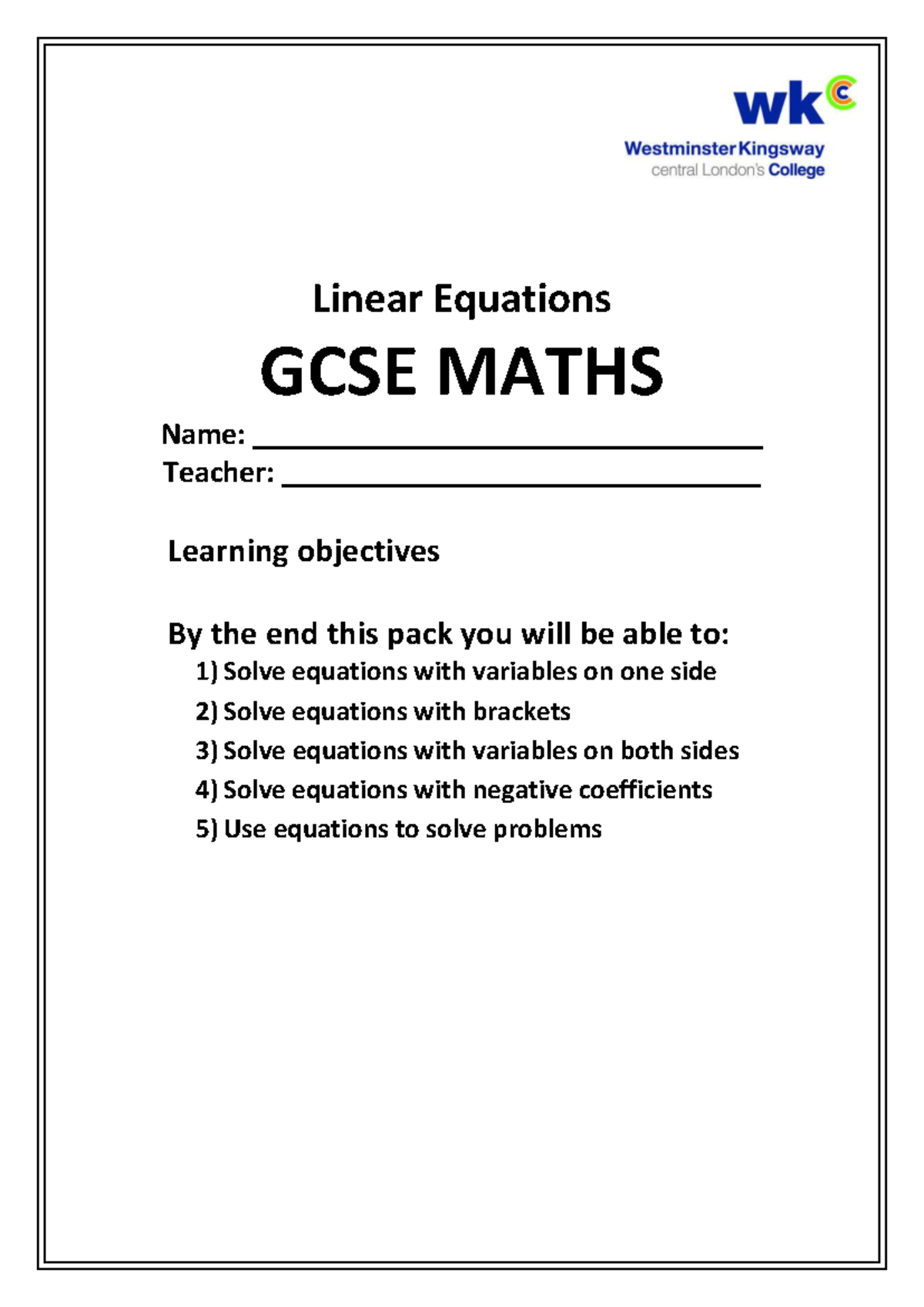 GCSE MATHS: Linear Equations Study Guide and Practice - Studocu
