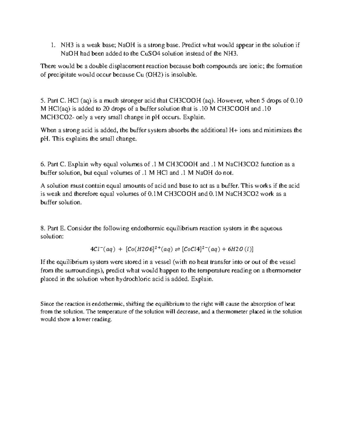 Experiment 16 Lab Questions: Bases, Buffers, and Equilibrium Analysis ...