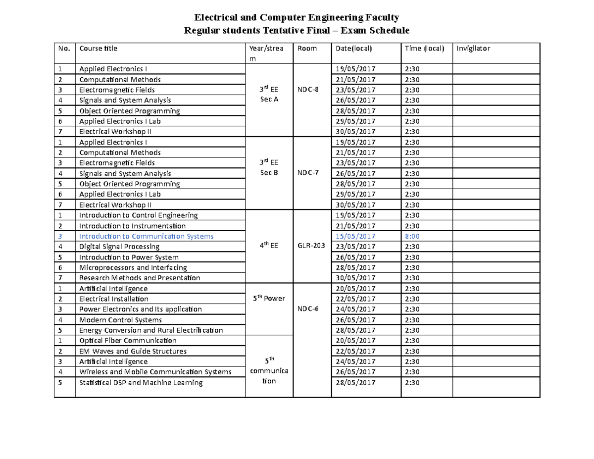 Tentative Final Exam Schedule - ECE Course Code 2017 - Studocu