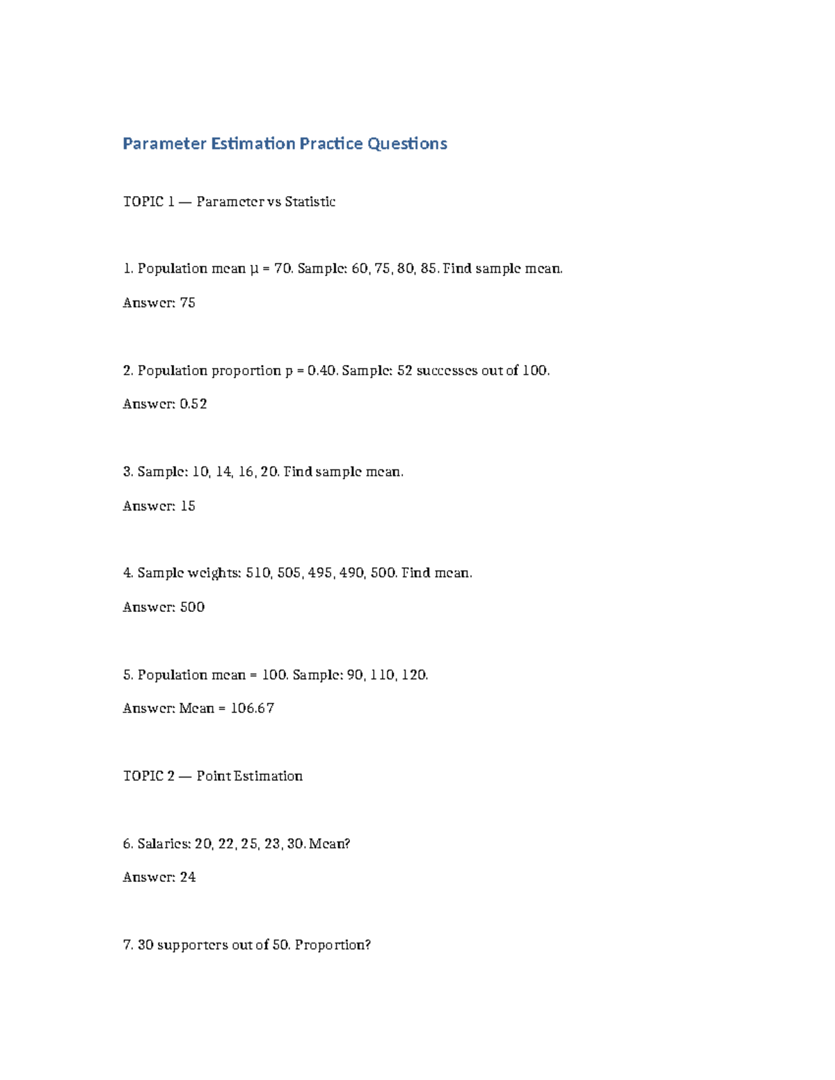 Parameter Estimation Practice Questions (Unit 1) - Studocu