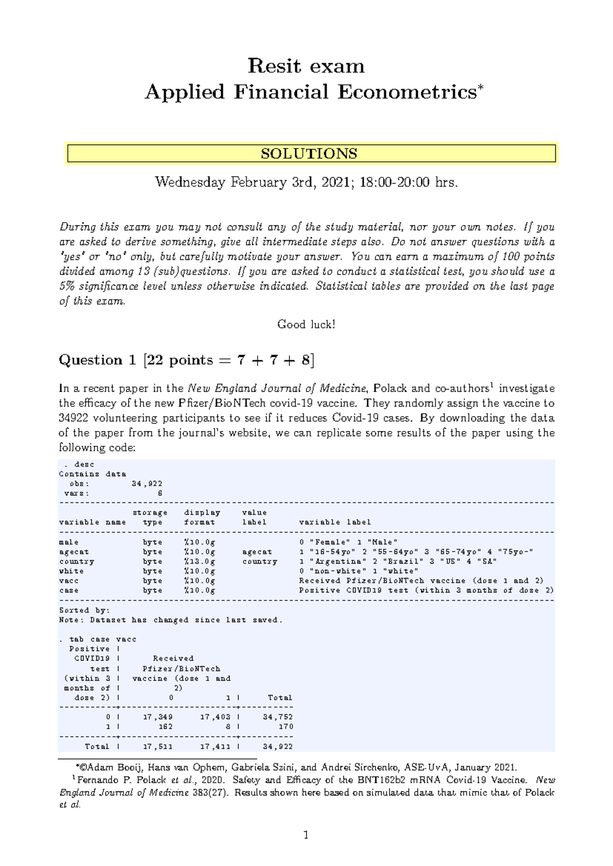 Applied Financial Econometrics Resit Exam Solutions 2020/2021 - Studeersnel