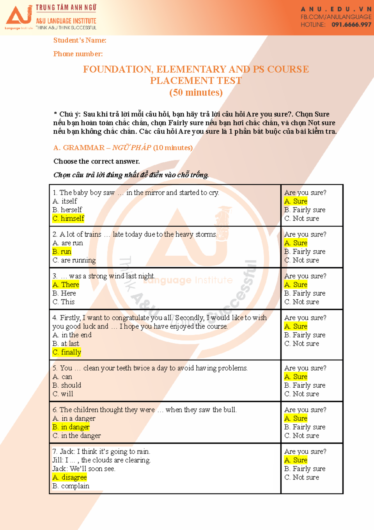 F, E, PS - Placement Test - Grammar and Vocabulary Review Guide - Studocu