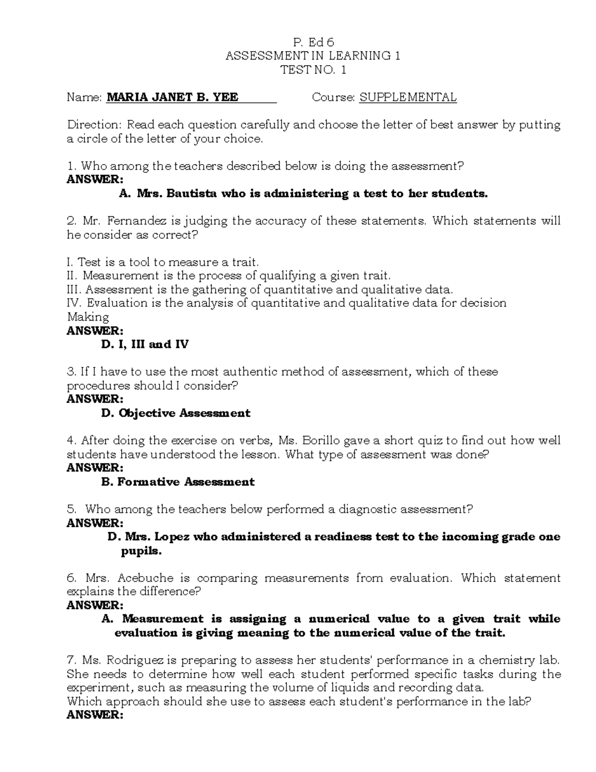 P.ED 6 QUIZ NO. 1: ASSESSMENT IN LEARNING 1 QUESTIONS - Studocu