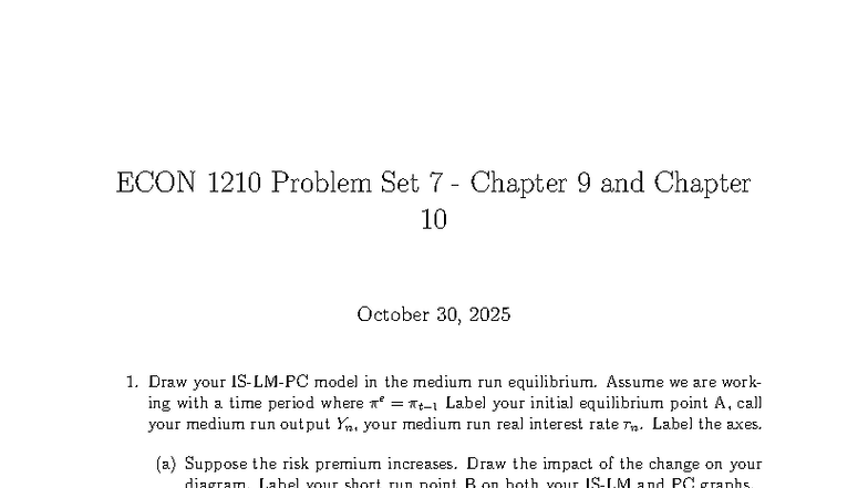 ECON 1210 Problem Set 7: Medium Run Equilibrium Analysis - Studocu