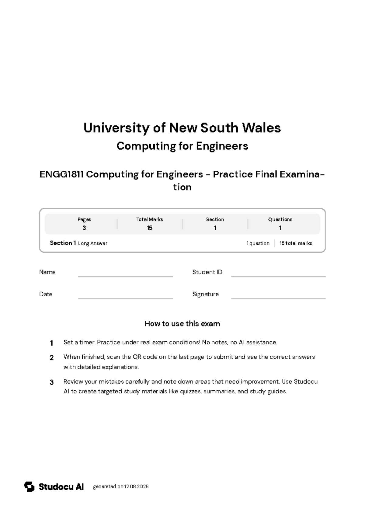 ENGG1811 Practice Final Exam - Computing for Engineers - Studocu