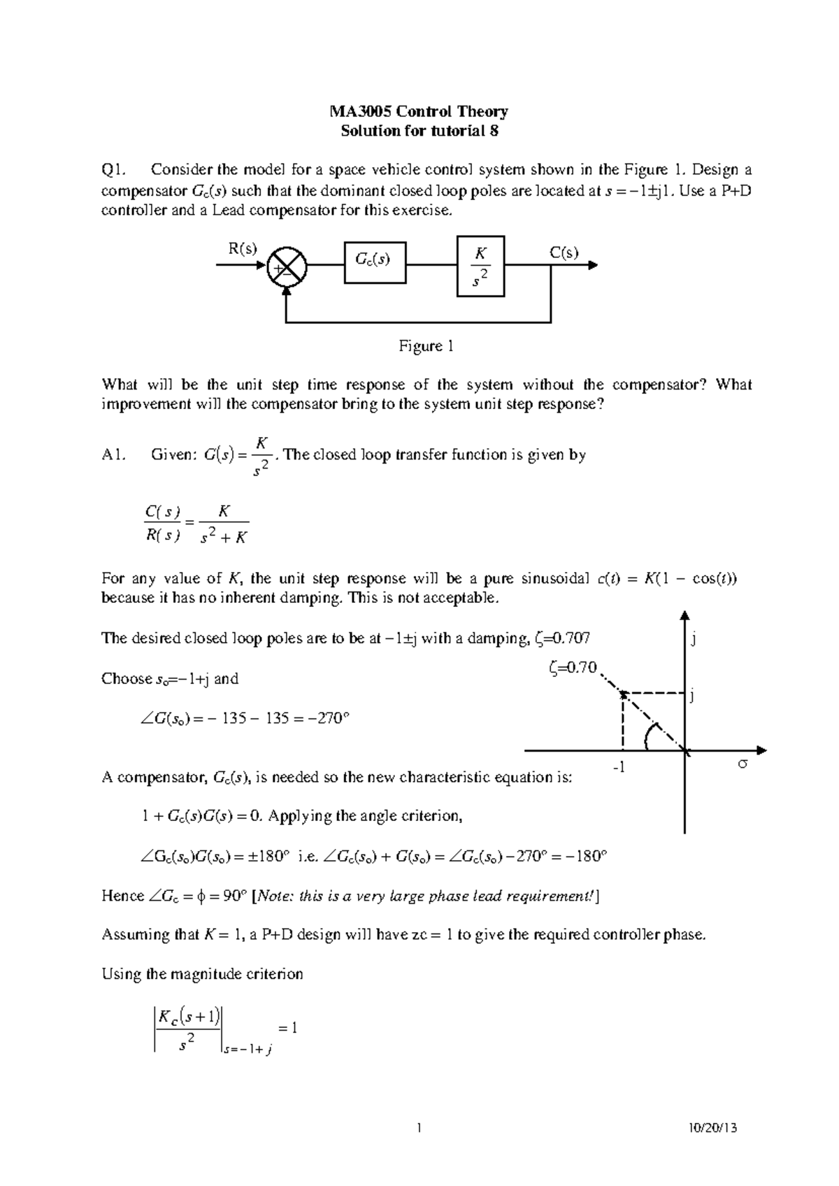 MA3005 Control Theory Tutorial 8 Solutions and Compensator Design - Studocu