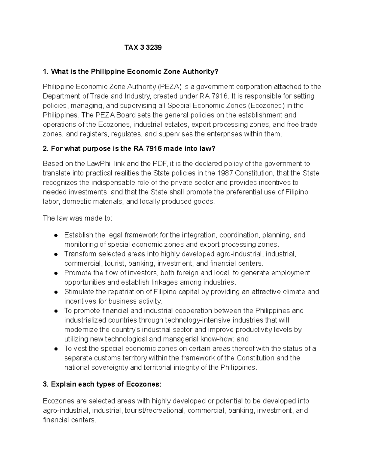 TAX 3 3239: Overview of the Philippine Economic Zone Authority and RA ...
