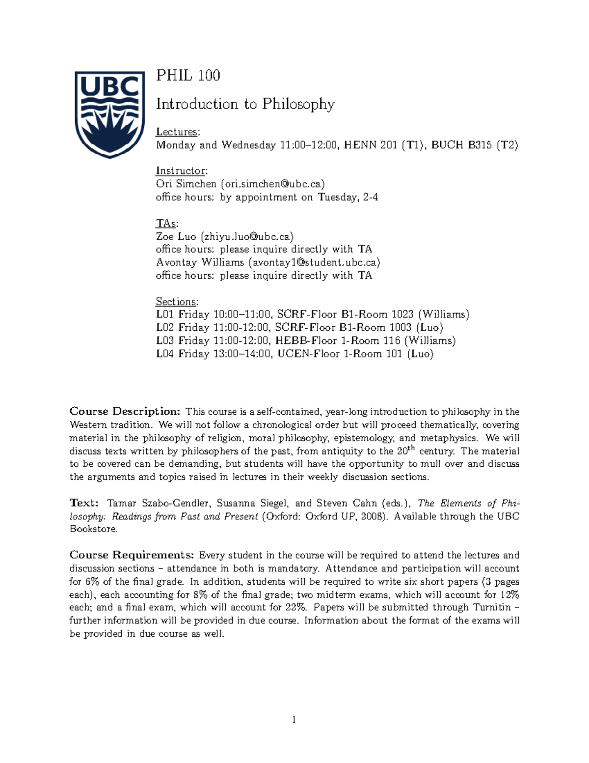 PHIL 100 Introduction to Philosophy Syllabus & Lecture Schedule - Studocu