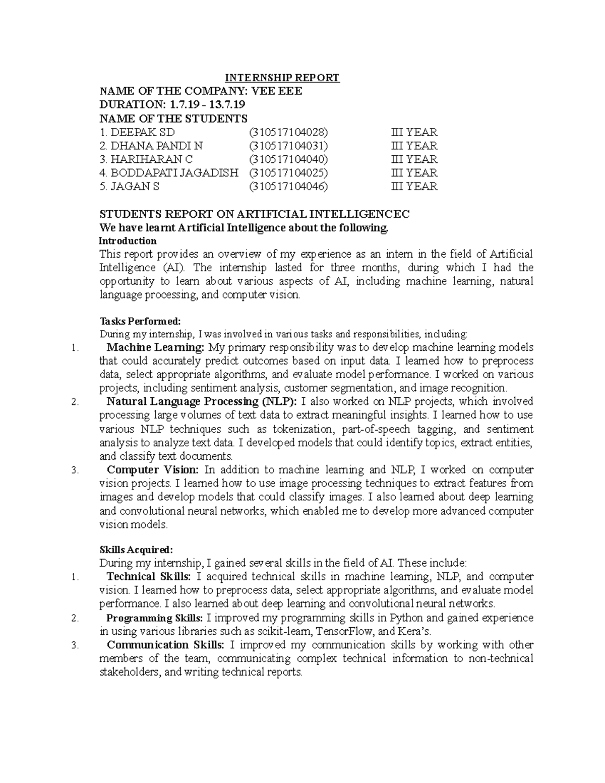 VEE EEE Internship-Report-1 - INTERNSHIP REPORT NAME OF THE COMPANY ...