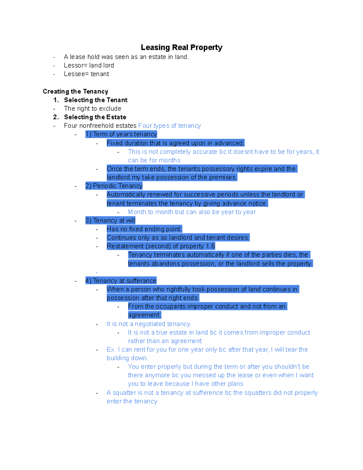 9 5 Chp 7 notes - property 1 Hammand - Leasing Real Property A lease hold  was seen as an estate in - Studocu
