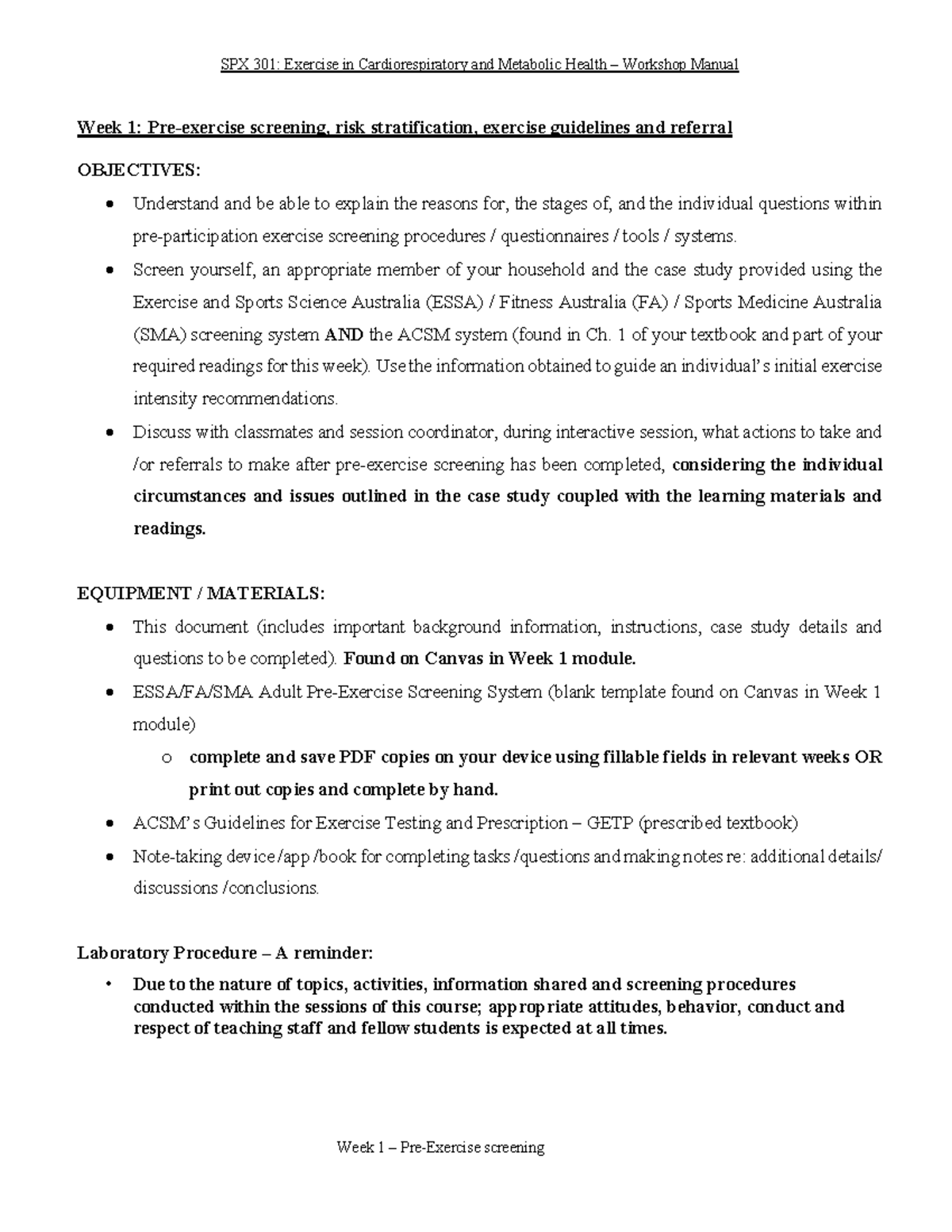 SPX 301: Week 1 Pre-Exercise Screening & Risk Stratification Guide ...
