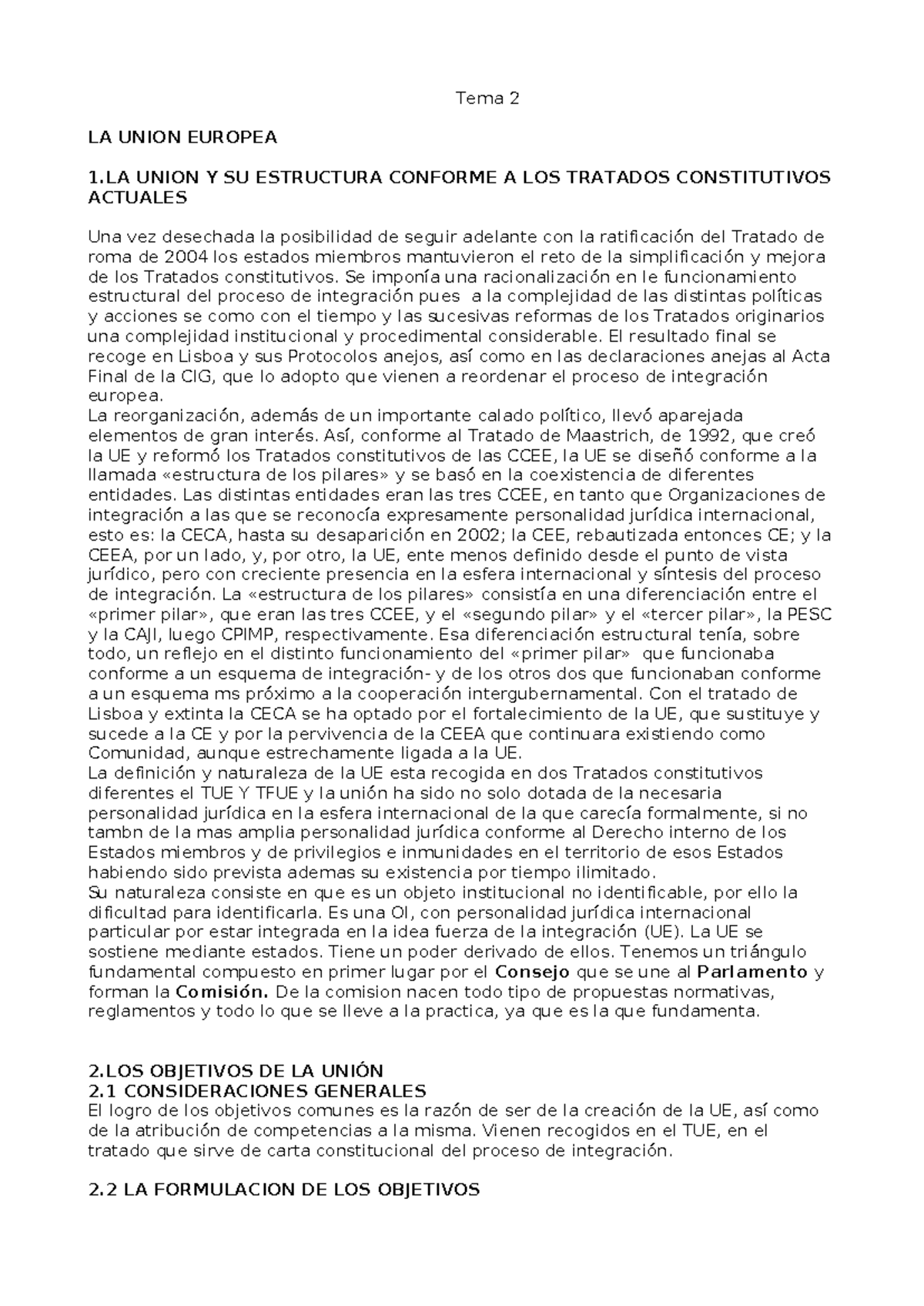 Tema 2: Estructura y Objetivos de la Unión Europea - Derecho UE - Studocu