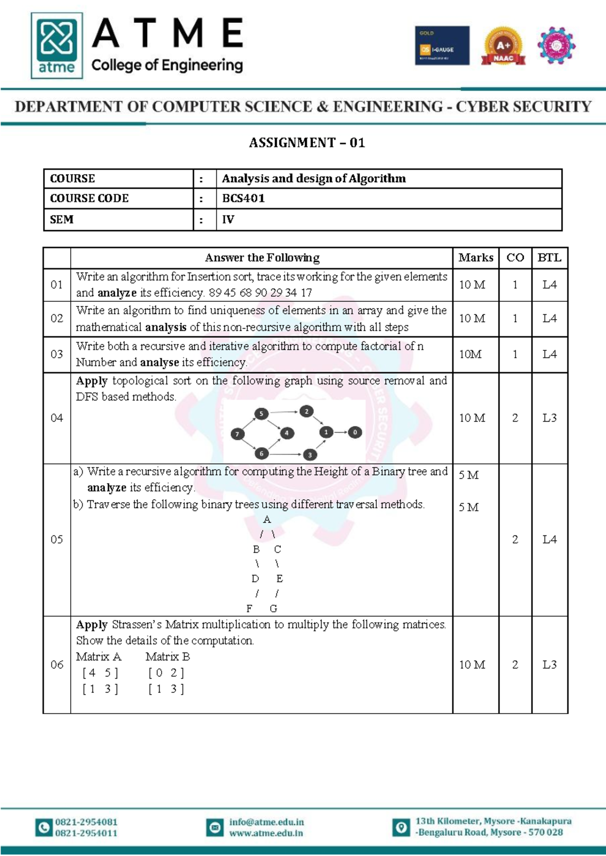 BCS401 - Assignment 01: Algorithms & Efficiency Analysis - Studocu
