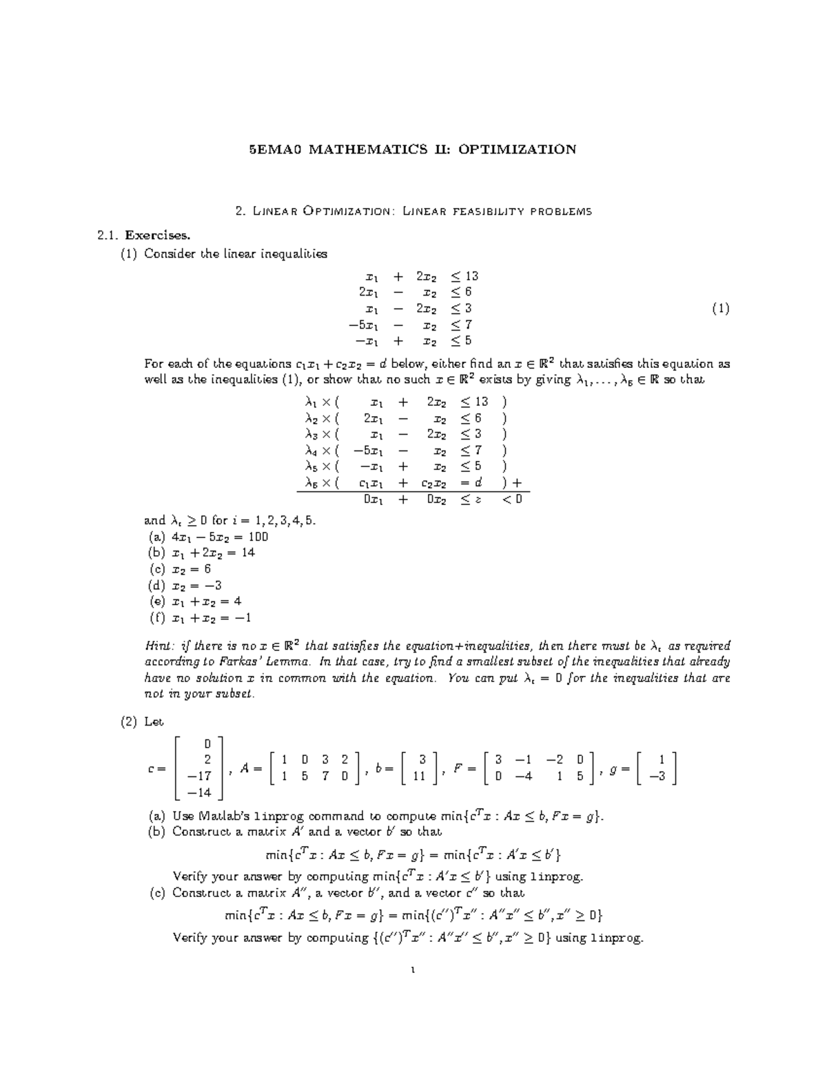 5EMA0 Mathematics II: Linear Optimization Exercises Solutions - Studeersnel