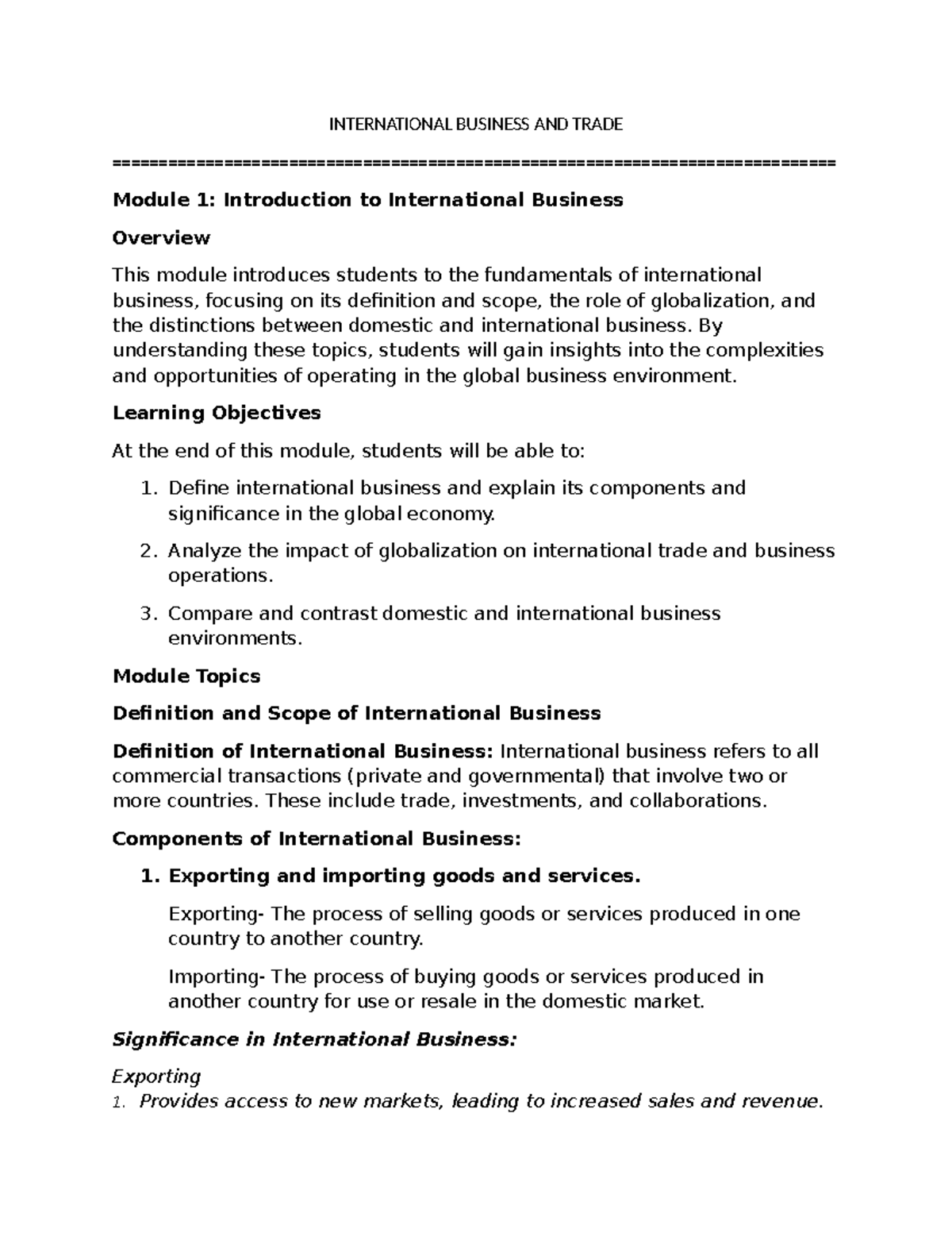 INTERNATIONAL BUSINESS AND TRADE (IBT) Module 1: Intro to Global ...