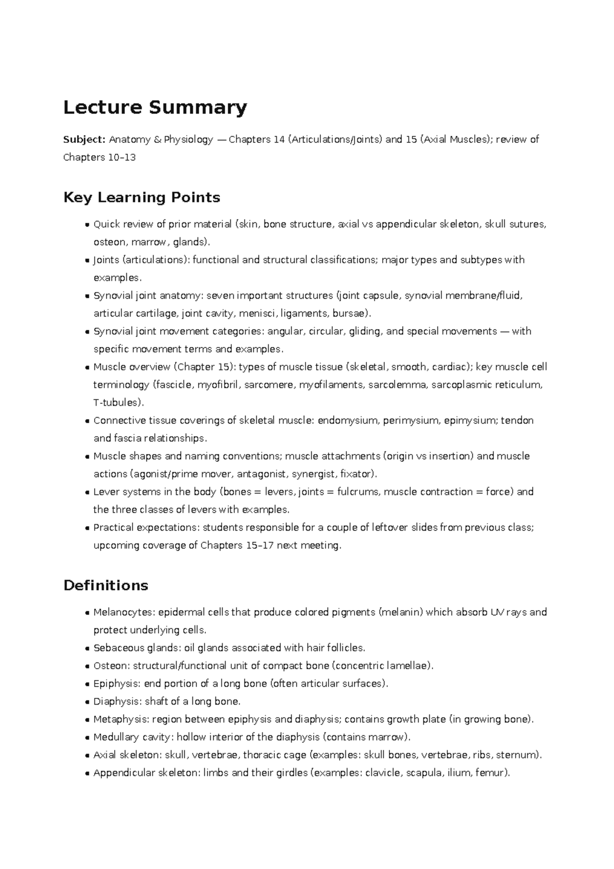 Anatomy & Physiology Lecture Summary: Chapters 14-15 - Studocu