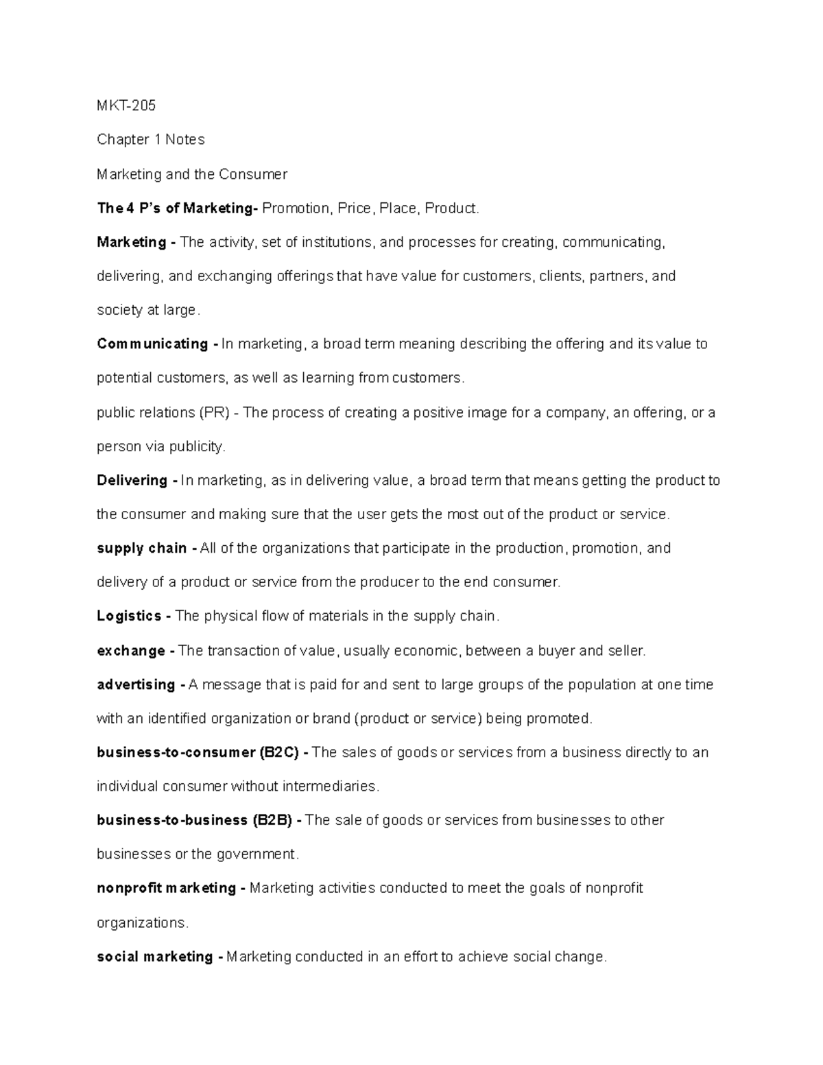 MKT-205 Chapter 1 Key Terms and Concepts Overview - Studocu