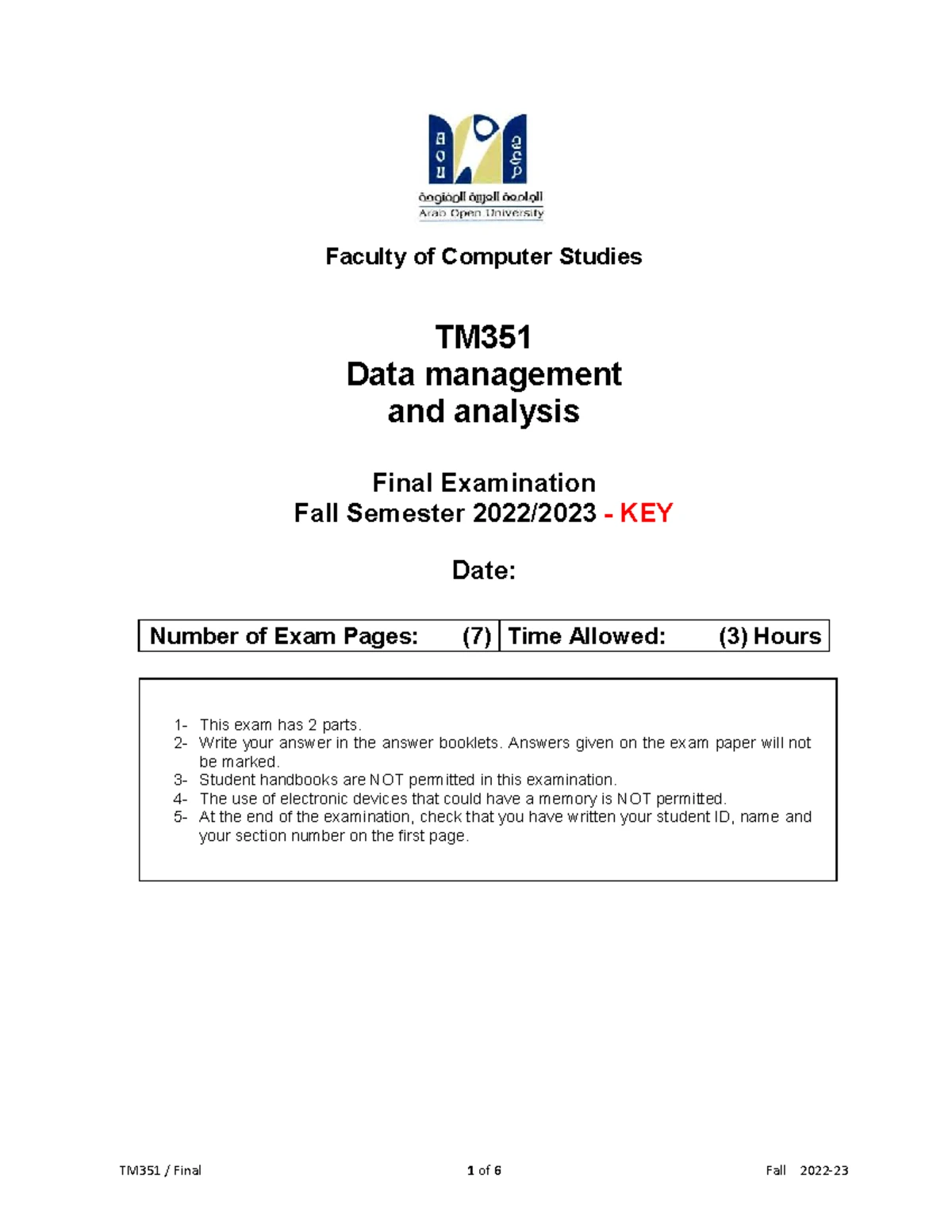 TM351 Data Management & Analysis Final Exam Spring 2023 Key - Studocu