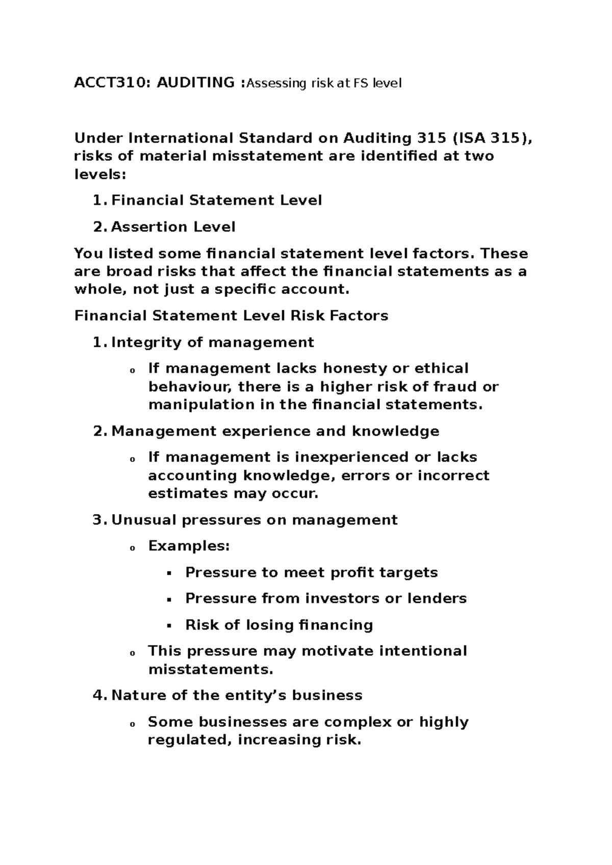 ACCT310: AUDITING - Financial Statement Level Risk Assessment - Studocu