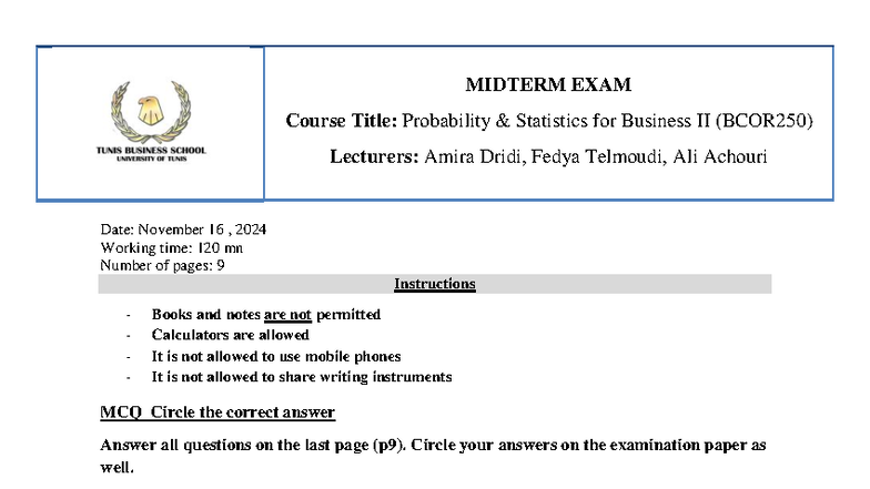 Midterm Exam Answers for BCOR250: Probability Statistics II - Studocu