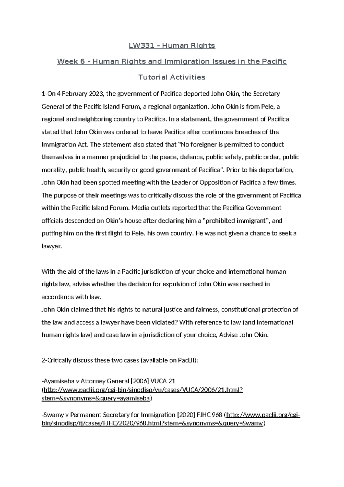 LW331 Week 6 Tutorial: Human Rights & Immigration in the Pacific - Studocu