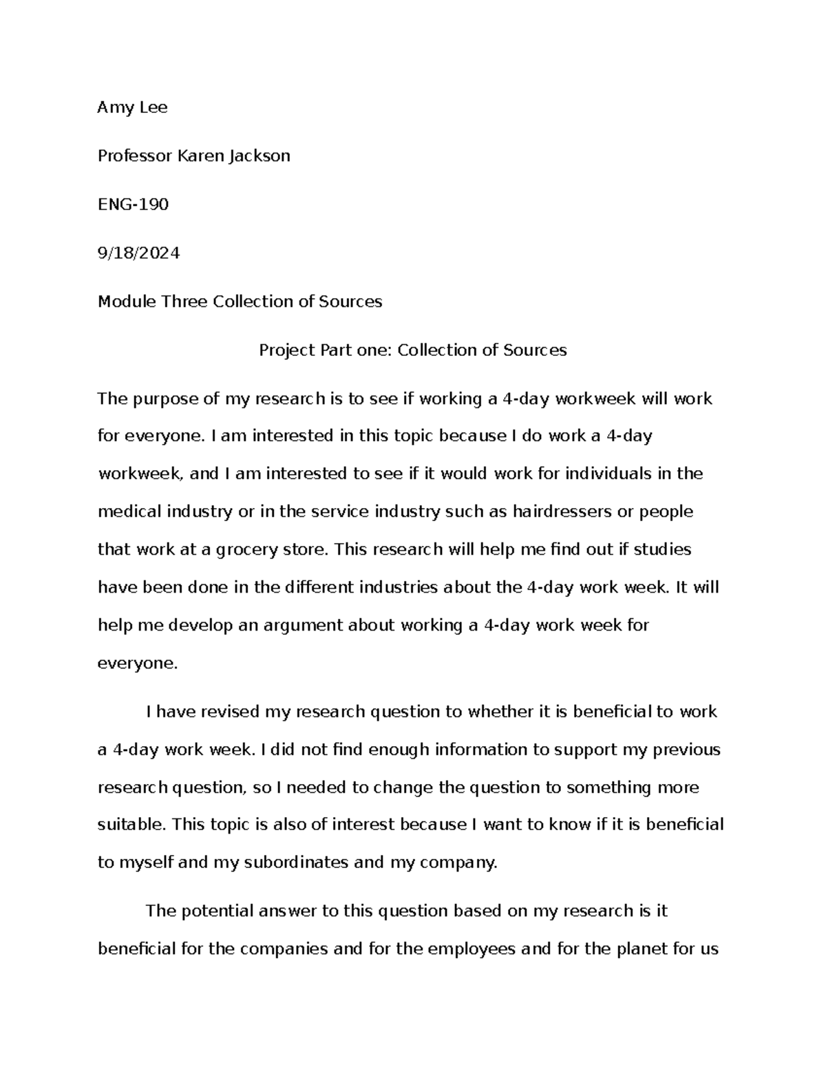 ENG-190 Project Part 1: Research on Workweek Benefits - Studocu