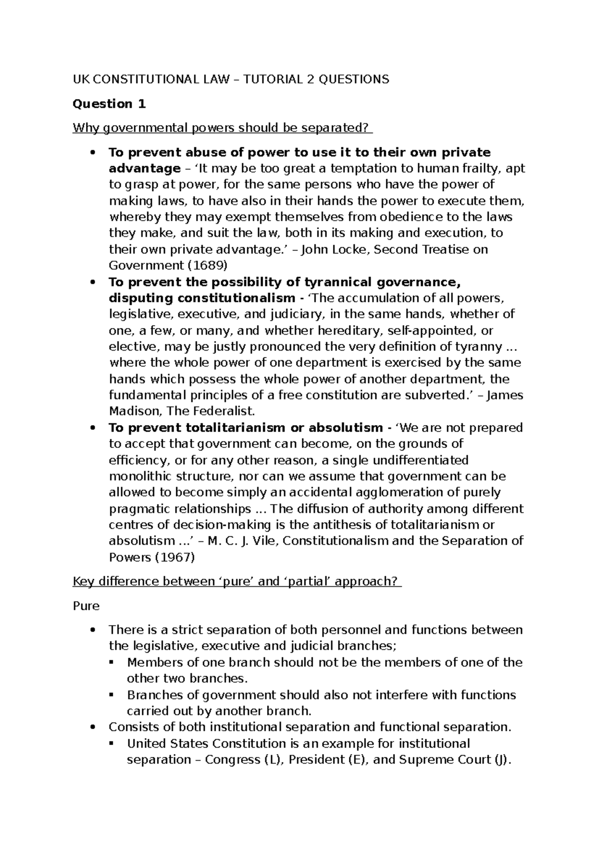 UK CONSTITUTIONAL LAW TUTORIAL 2: SEPARATION OF POWERS ANALYSIS - Studocu