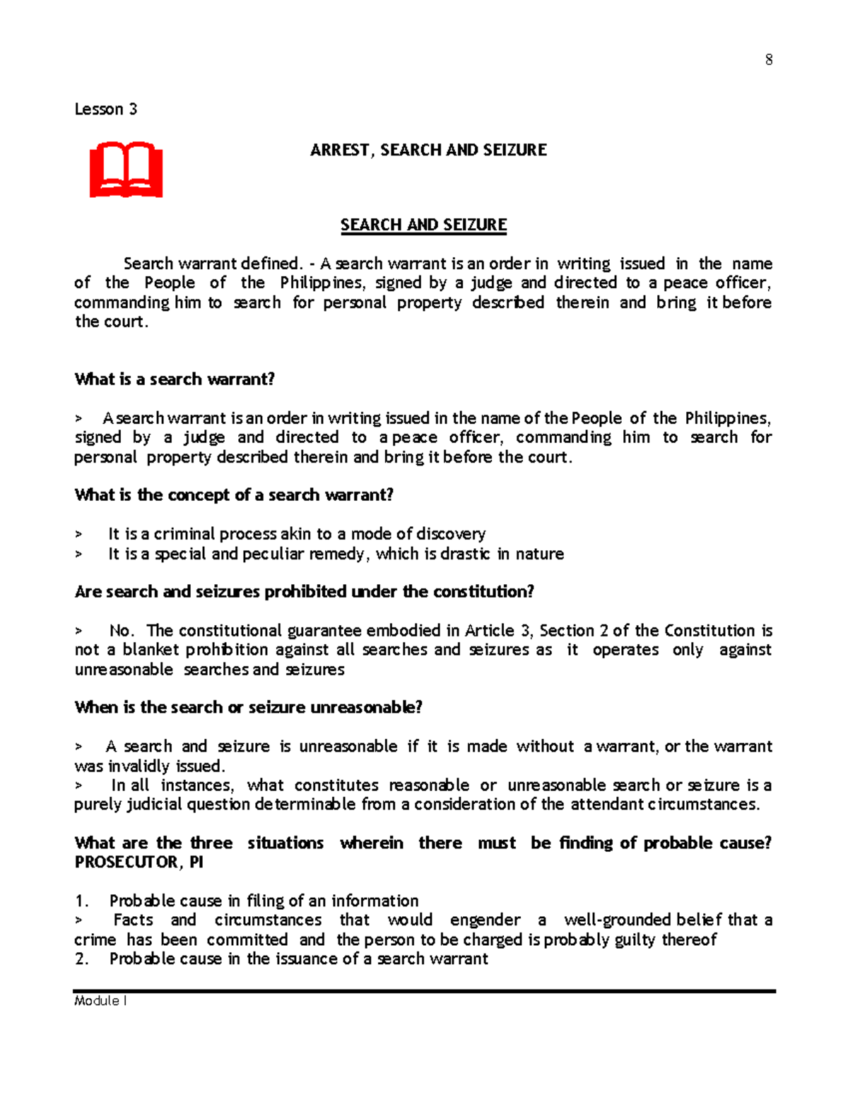 Lesson 3: Search and Seizure Concepts and Legal Framework - Studocu