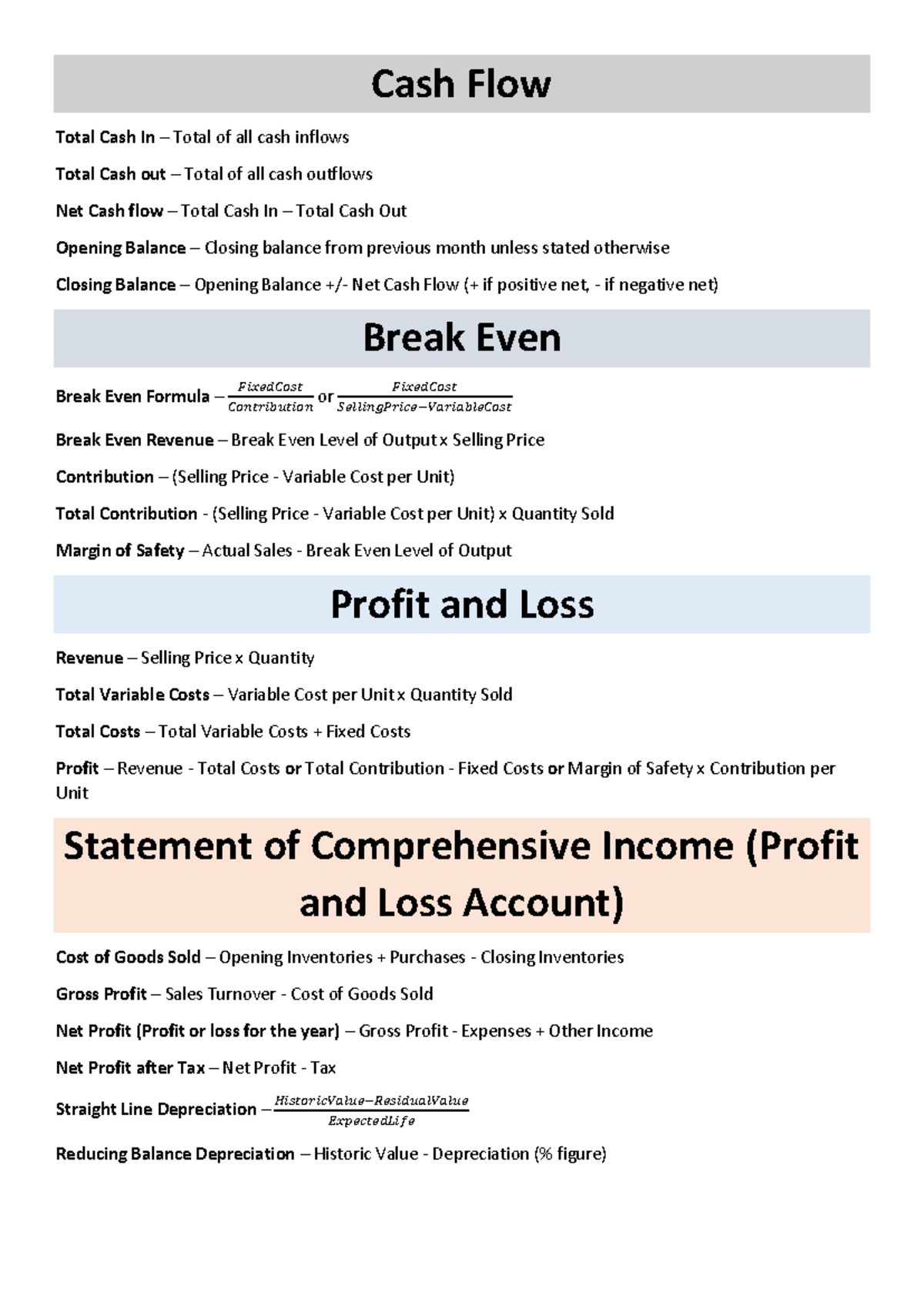 Formula Sheet - Cash Flow Total Cash In – Total of all cash inflows ...