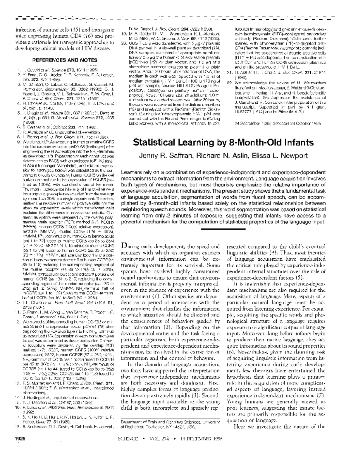 Saffran 1996: Statistical Learning in Infants and Language Acquisition ...