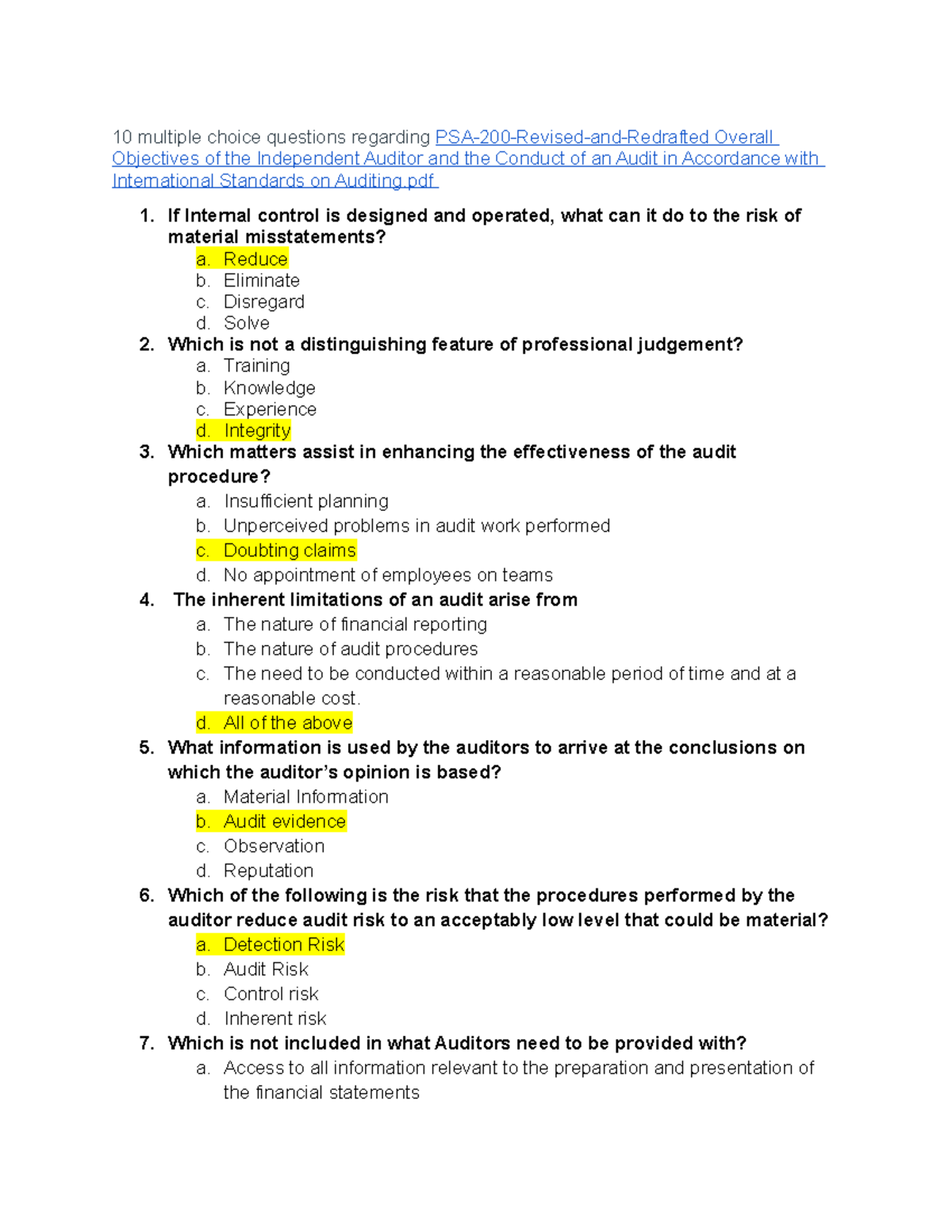 PSA200 Multiple Choice Questions on Audit and Auditor Objectives - Studocu