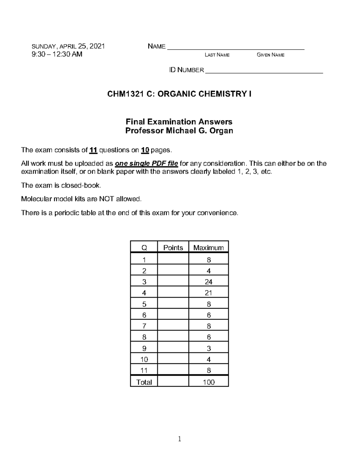 CHM1321 C: Final Exam 2021 Organic Chemistry Answers - Studocu