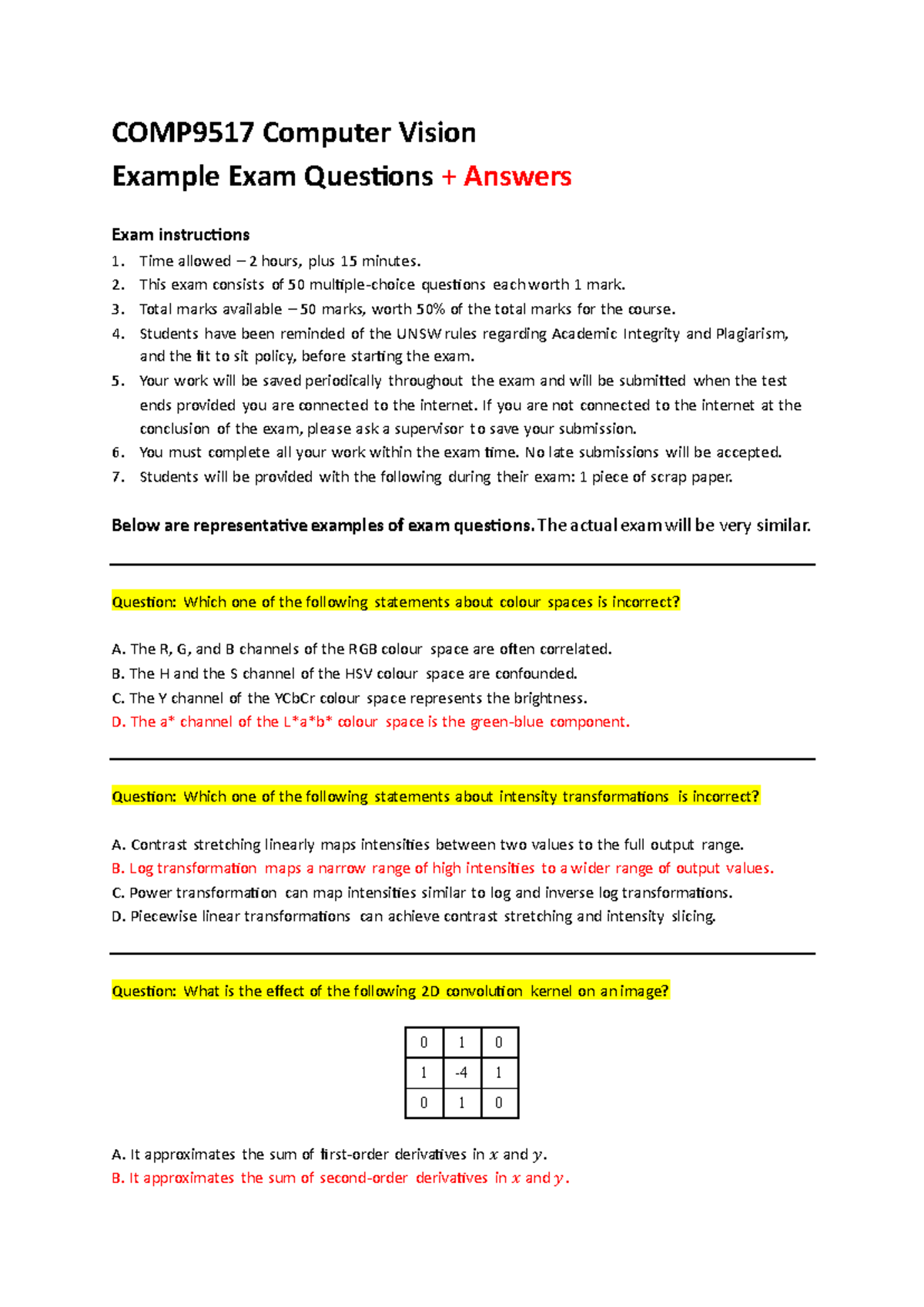 COMP9517 Computer Vision Sample Final Exam Questions & Answers - Studocu