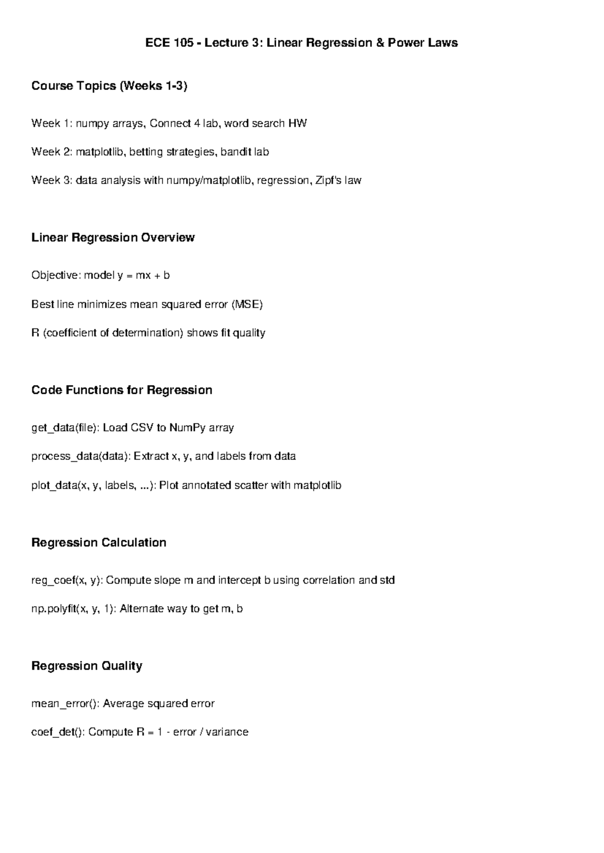 ECE 105 Lecture 3: Linear Regression & Power Laws Study Notes - Studocu