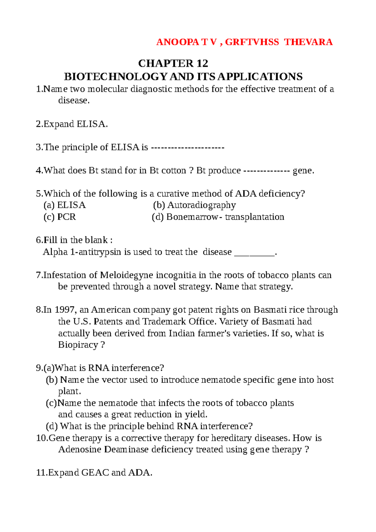 +2 Work sheet Chapter 12 - CHAPTER 12 BIOTECHNOLOGY AND ITS ...
