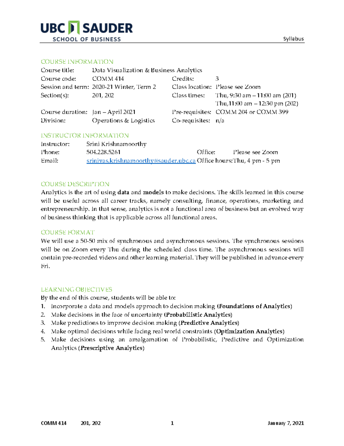 Data Visualization & Business Analytics Syllabus COMM 414 Winter 2021 ...