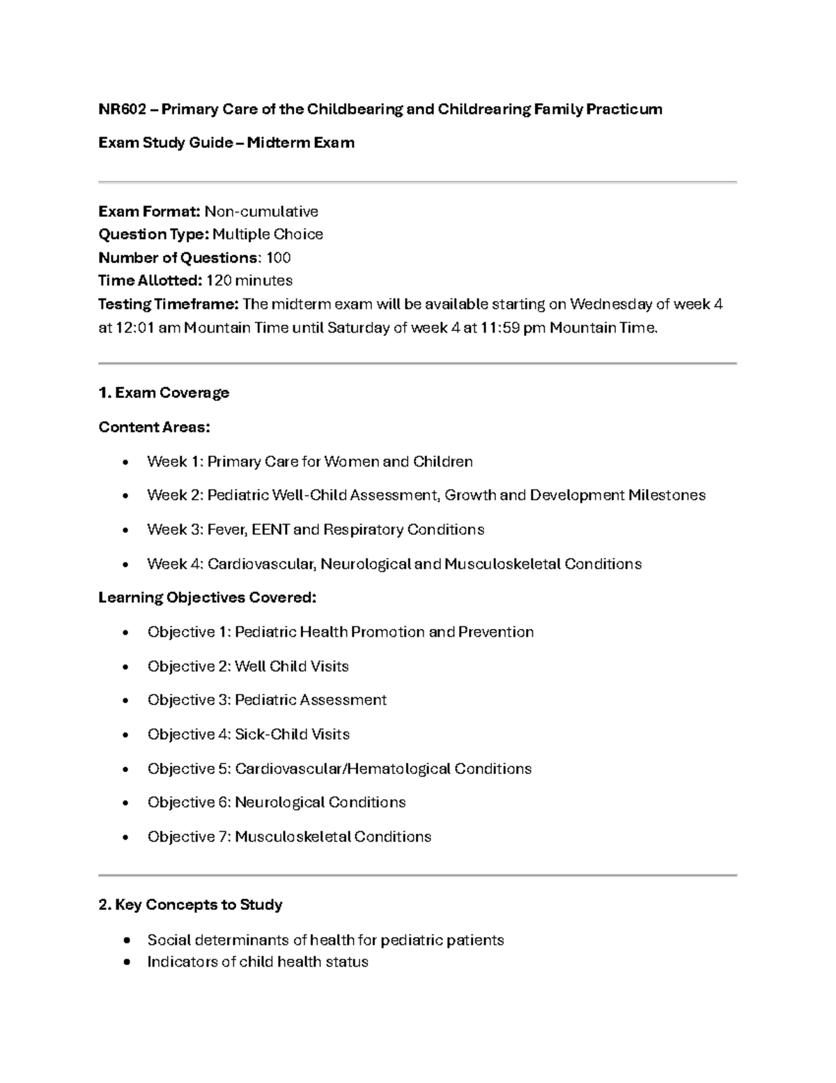 Midterm Exam Study Guide for NR602: Childbearing & Childrearing Family ...
