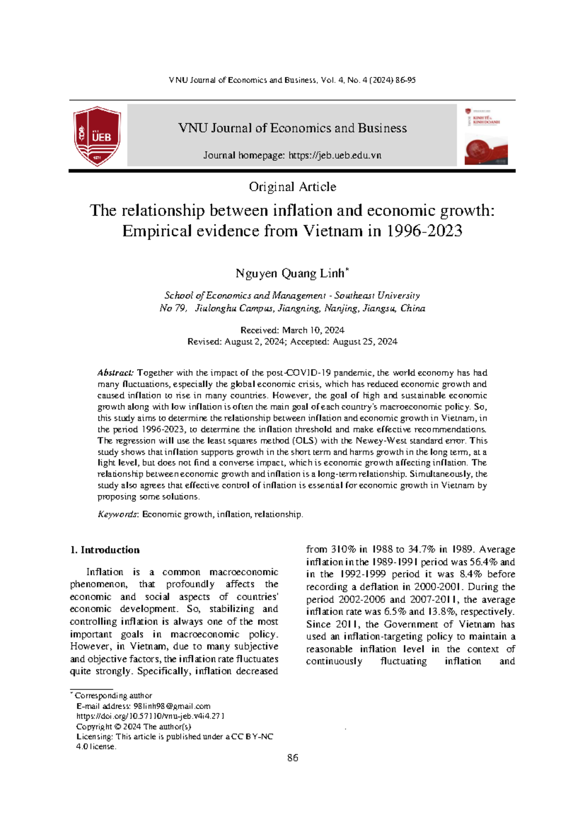 The Relationship Between Inflation and Economic Growth in Vietnam (1996 ...