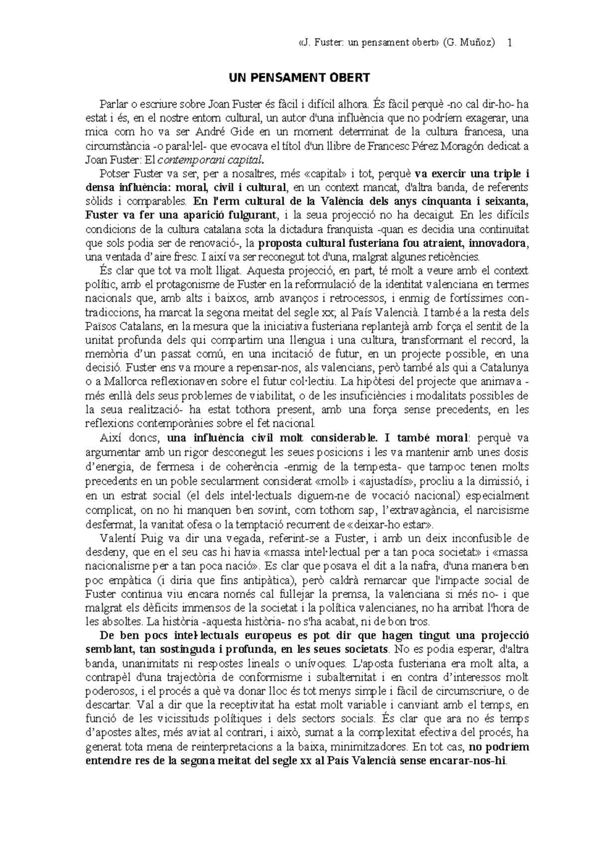 Influència Cultural de Joan Fuster: Reflexions i Legat (Curs 2) - Studocu