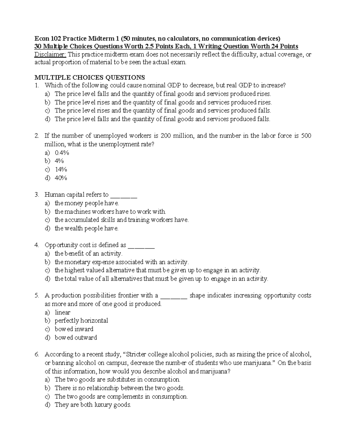 Econ 102 Practice Midterm 1: Multiple choice and writing questions ...