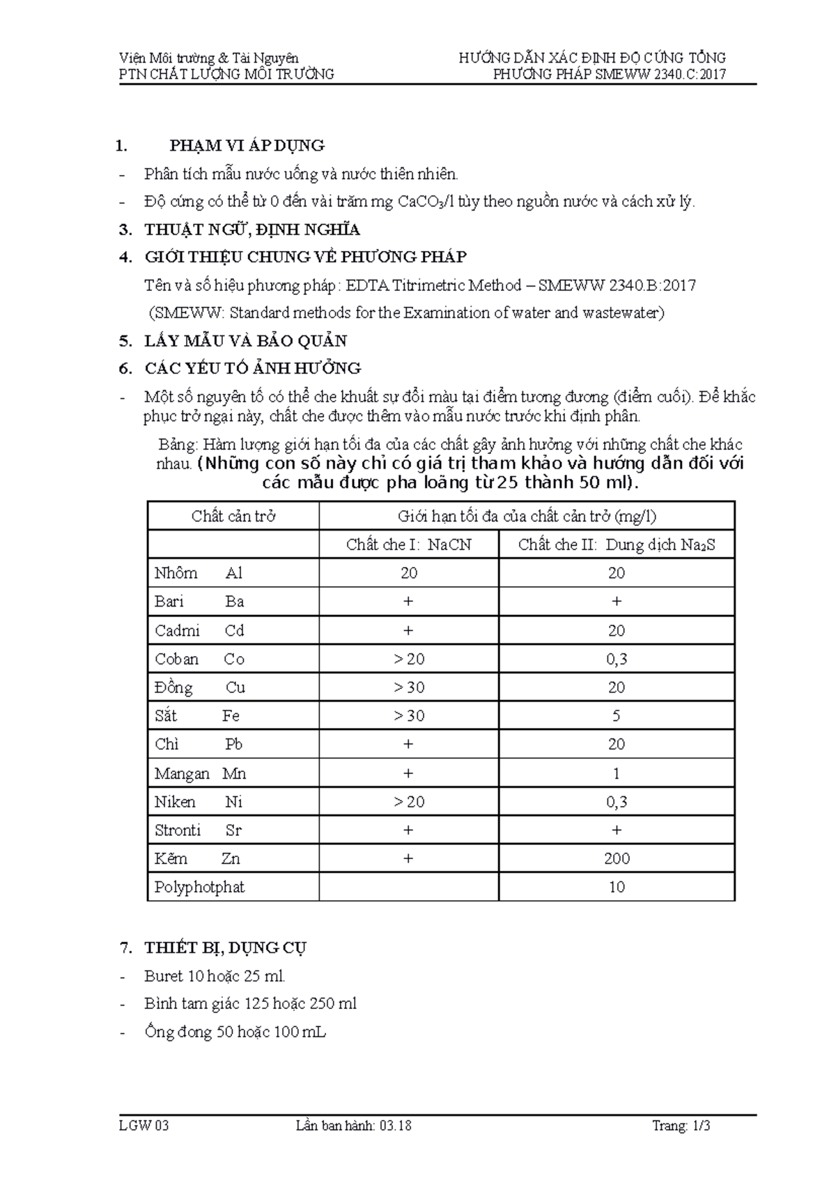 Hướng Dẫn Đo Độ Cứng Nước - LGW 03 - SMEWW 2340.C - Studocu