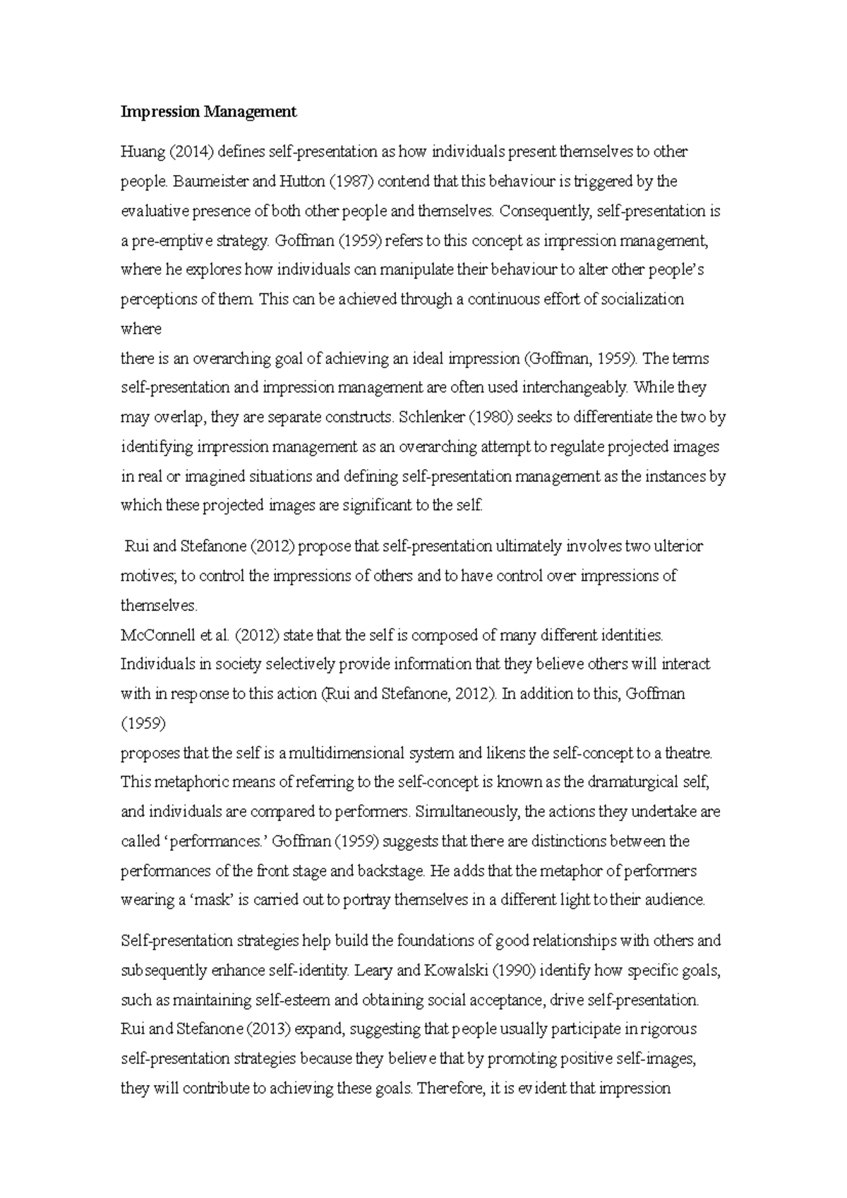 Impression Management summary - Impression Management Huang (2014 ...