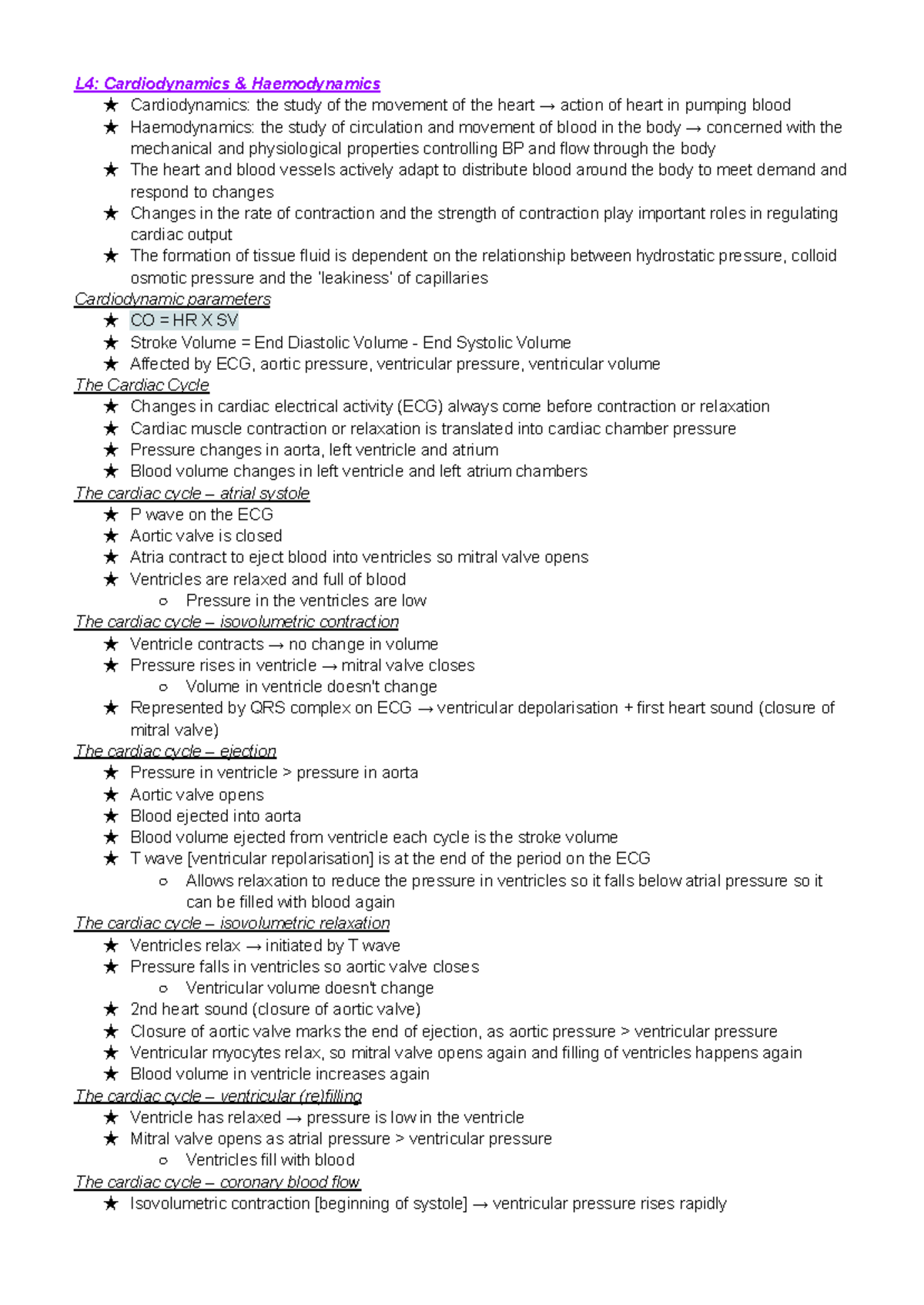 L4: Cardiodynamics & Haemodynamics Overview and Key Concepts - Studocu