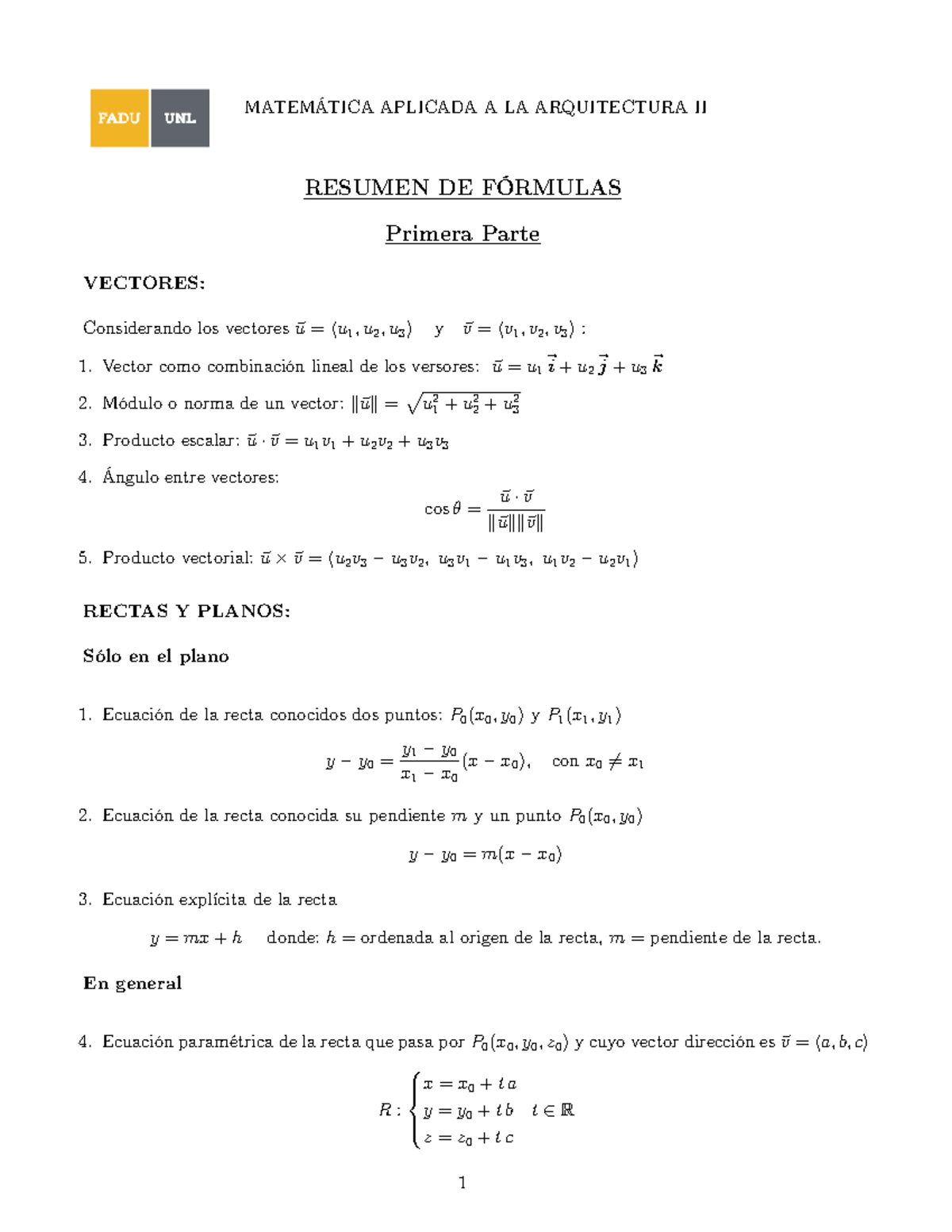 MATEMÁTICA APLICADA A LA ARQUITECTURA II RESUMEN DE FÓRMULAS 2C 2025 ...