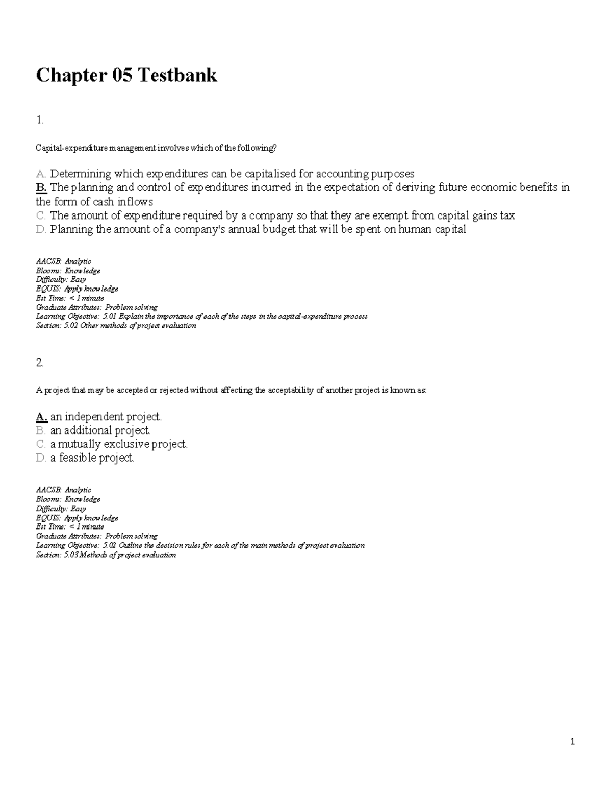 Chapter 5 Test Bank: Capital Expenditure and Project Evaluation Tools ...