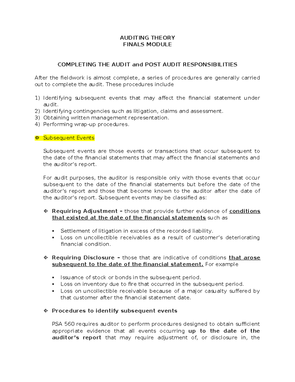 AUDITING THEORY FINALS: COMPLETING THE AUDIT & POST-AUDIT ...