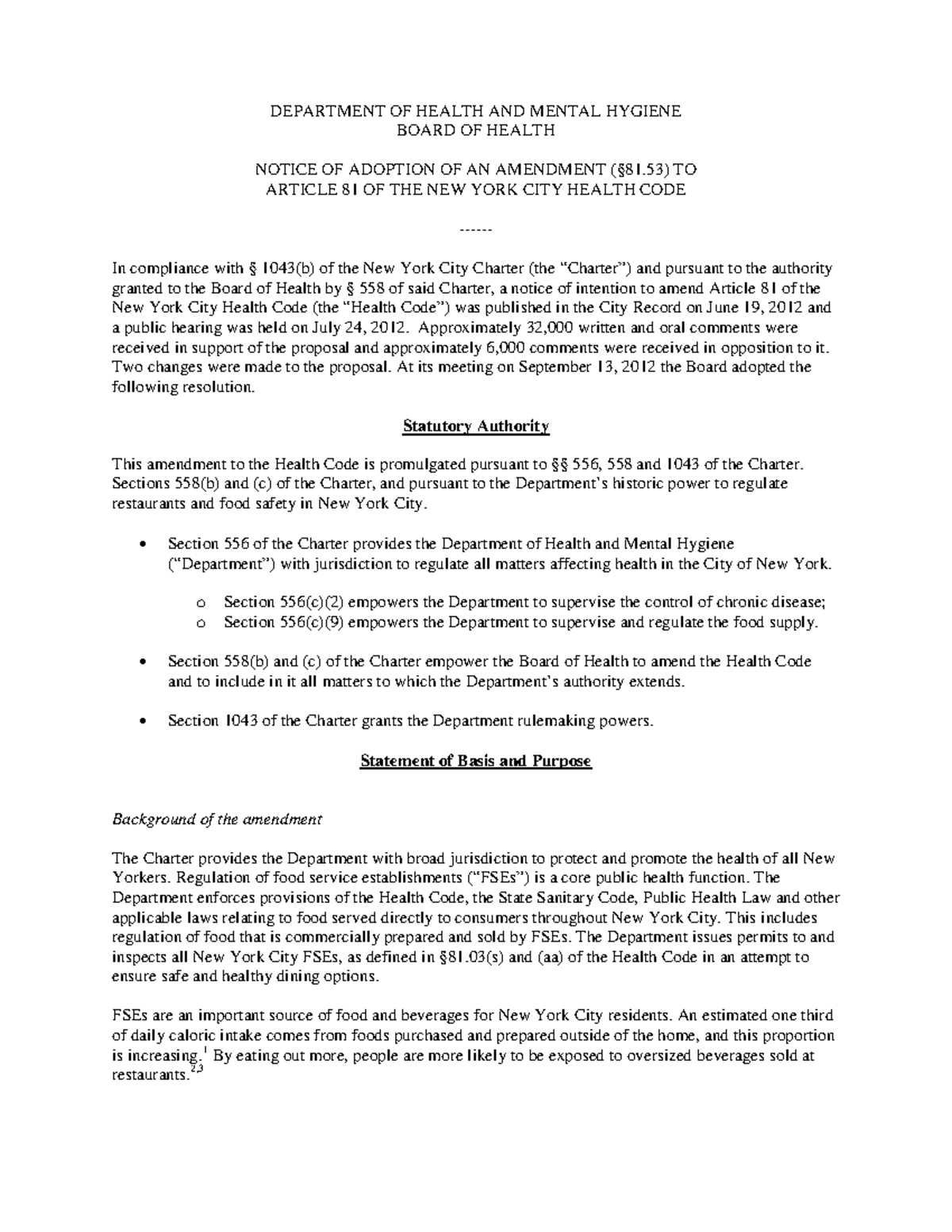 Amendment to NYC Health Code Article 81: Sugary Beverage Size Limit ...